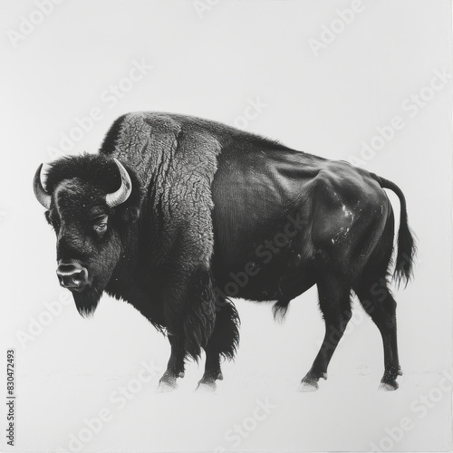 Majestic American bison standing boldly in a high-contrast black and white portrait, symbolizing strength and resilience.