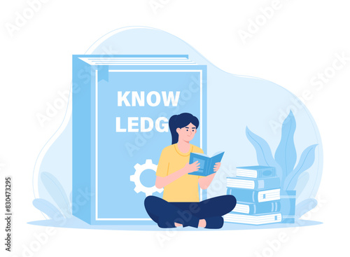 A woman sits reading a book of knowledge concept flat illustration © Kinn Studio