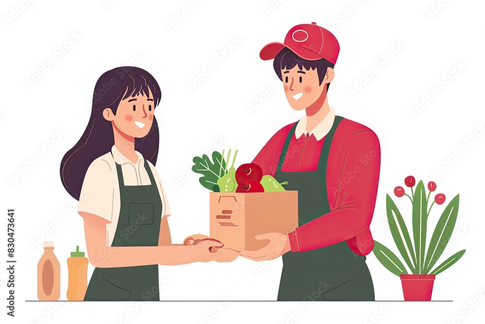 A delivery person from a smart food service, clad in a red uniform, handing over freshly prepared food to a recipient. A young woman customer receiving her order from the courier at her doorstep, repr A delivery person from a smart food service, clad in a red uniform, handing over freshly prepared food to a recipient. A young woman customer receiving her order from the courier at her doorstep, repr