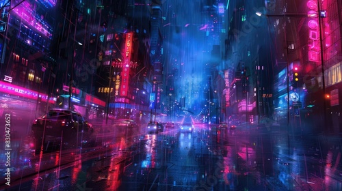 Cyberpunk streets illustration  futuristic city  dystoptic artwork at night  4k wallpaper. Rain foggy  moody empty future