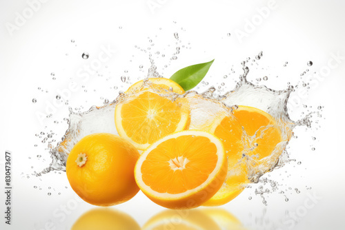Fresh oranges in a dynamic splash of water with leaves isolated on a white background  conveying vitality and freshness.