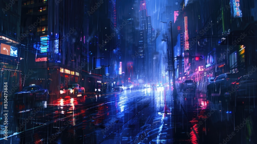 Naklejka premium Cyberpunk streets illustration, futuristic city, dystoptic artwork at night, 4k wallpaper. Rain foggy, moody empty future
