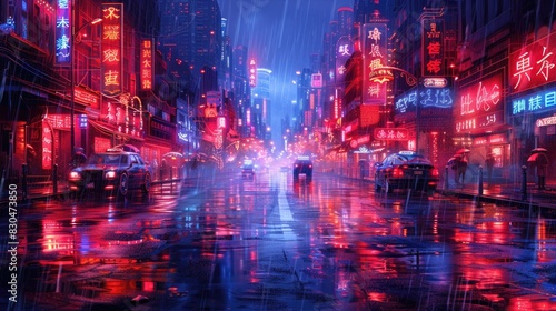 Cyberpunk streets illustration, futuristic city, dystoptic artwork at night, 4k wallpaper. Rain foggy, moody empty future