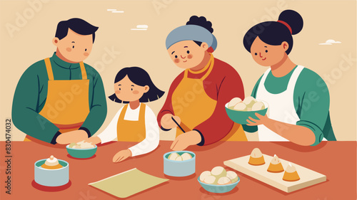 Residents learning to expertly fold dumplings at the community cooking class taught by a skilled instructor who learned the od from their own cultural traditions.. Vector illustration