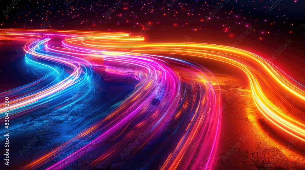 Neon futuristic flashes on black background. Motion light lines backdrop. For banner, postcard, illustration Neon futuristic flashes on black background. Motion light lines backdrop. For banner, postcard, illustration