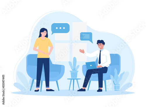 Two people are discussing concept flat illustration