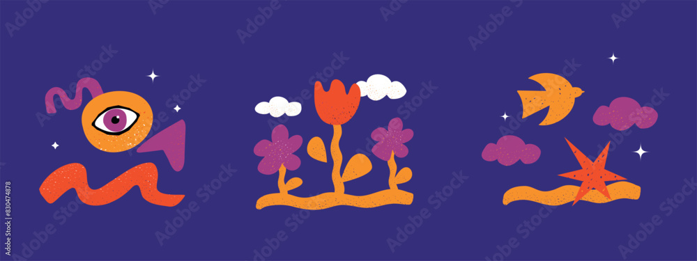 A set of abstract vector noisy shapes for website design and presentation. Compositions of flowers, clouds, eyes, birds and stars. A set of abstract vector noisy shapes for website design and presentation. Compositions of flowers, clouds, eyes, birds and stars.
