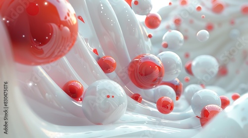3D rendering of red and white spheres floating in a viscous liquid. The red spheres are glossy and the white spheres are matte.