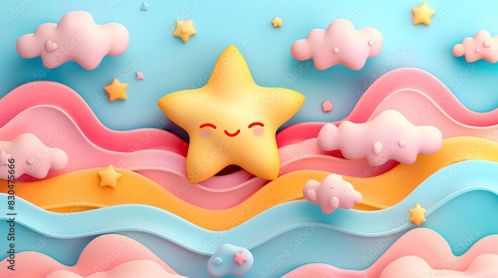 A cute, smiling star surrounded by fluffy clouds and other stars. Contrasting with the dreamy pastel sky A cute, smiling star surrounded by fluffy clouds and other stars. Contrasting with the dreamy pastel sky