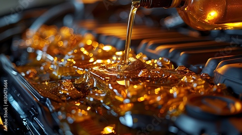 The oil is poured into the engine with golden oil, on an open car hood, in a macro photo