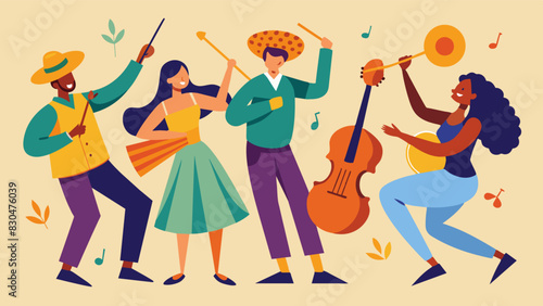 The beat of drums and the strum of string instruments create a lively atmosphere as people dance together in celebration.. Vector illustration
