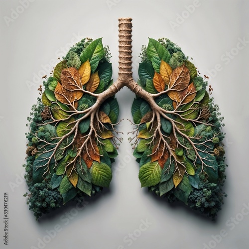 lungs composed of leaves and elements from nature, symbolizing the concept of atmospheric pollution. photo