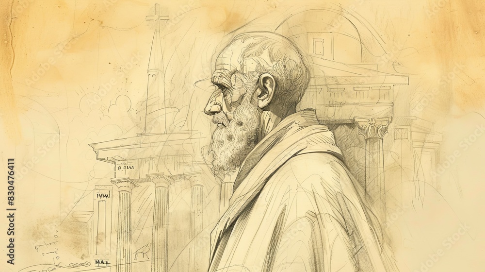 Fototapeta premium Biblical Illustration of St. Polycarp of Smyrna in Martyrdom in 2nd-Century Church, Beige Background, Copyspace