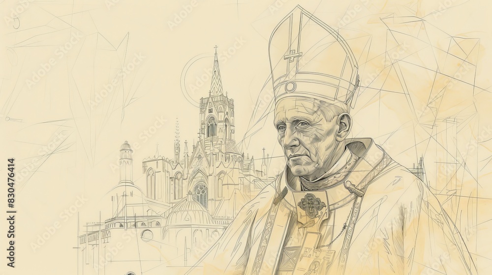 Biblical Illustration of St. Richard of Chichester in Bishop's Robes with Chichester Cathedral Background, Beige Background, Copyspace Biblical Illustration of St. Richard of Chichester in Bishop's Robes with Chichester Cathedral Background, Beige Background, Copyspace