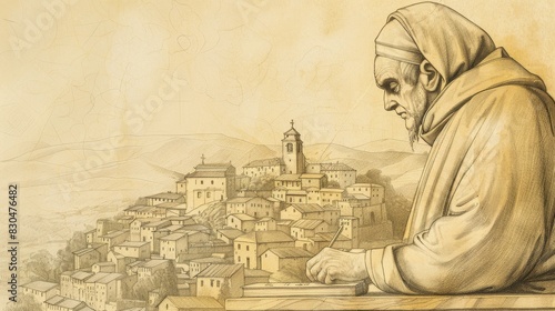 Biblical Illustration of St. Raymond of Peñafort Writing in 13th-Century Spanish Village, Beige Background, Copyspace photo