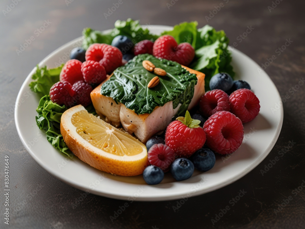 A plate filled with kidney-friendly foods, such as leafy greens, berries, fish, and nuts, highlighting the role of nutrition in maintaining kidney health. with Generative AI Technology A plate filled with kidney-friendly foods, such as leafy greens, berries, fish, and nuts, highlighting the role of nutrition in maintaining kidney health. with Generative AI Technology