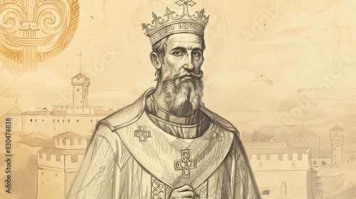 Biblical Illustration of St. Olaf in Royal Robes at 11th-Century Norwegian Court, Beige Background, Copyspace photo