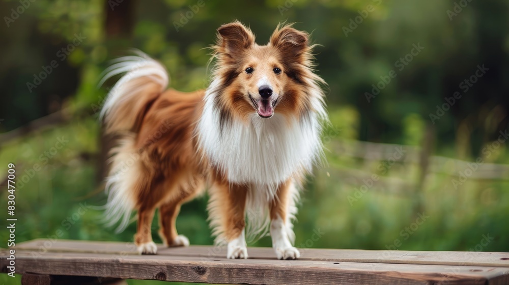 Portrait of a charming sable and white Shetland sheepdog standing on a wooden bench during summer Small collie dog with a lovely smile outdoors against a green backdrop