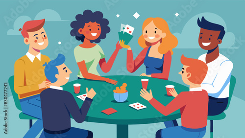 On a quiet culdesac a group of friends huddle around a deck of cards exchanging jokes and teasing as they play a round of poker.. Vector illustration