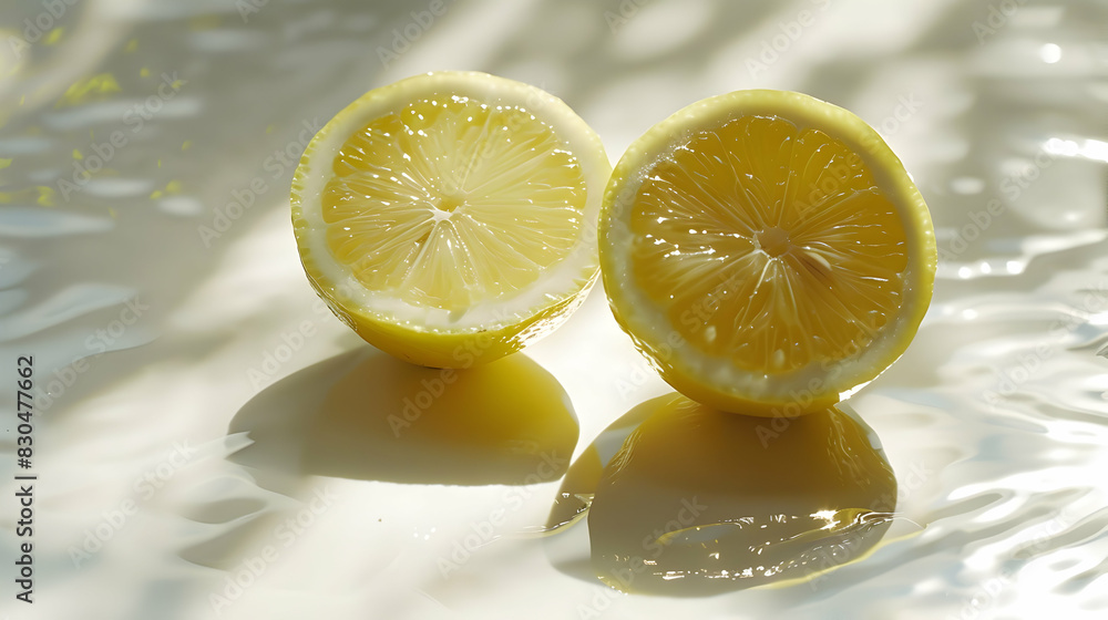 Artistic shot of a yellow lemon sliced in half on a reflective surface, with light casting shadows and enhancing the fruit's shiny texture and fresh color. Artistic shot of a yellow lemon sliced in half on a reflective surface, with light casting shadows and enhancing the fruit's shiny texture and fresh color.