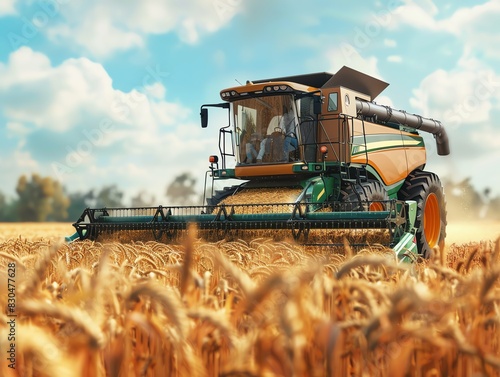 Combine harvester with a grain header  in a wheat field  realistic render
