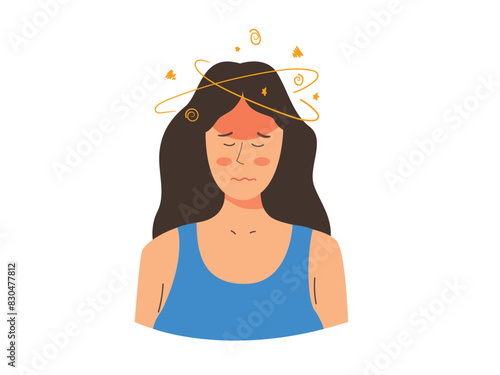 Sick woman having dizzy symptom. Dizziness illness, vertigo
