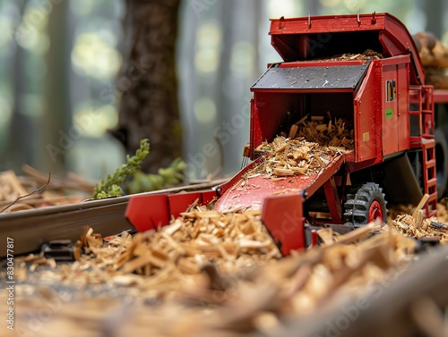 Forestry chipper with a feeding chute, chipping wood, detailed and lifelike photo