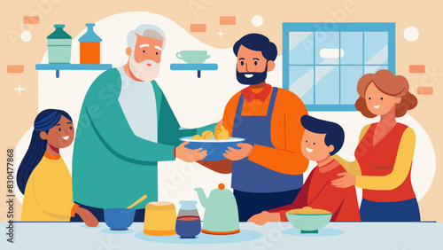 A resident recovering from an illness receives a warm and nourishing meal lovingly prepared by their neighbors in the community kitchen a gesture of support and care.. Vector illustration