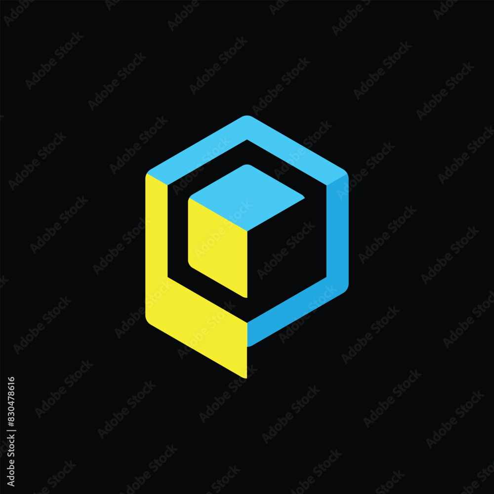 Obraz premium This image is a letter logo of initial P in hexagonal cube shape in yellow and blue color on a black background