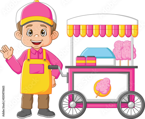 Young caucasian seller standing with cotton candy cart
