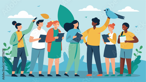 A group of diverse neighbors joining together to participate in a bird counting and tracking exercise contributing valuable data to bird conservation efforts.. Vector illustration
