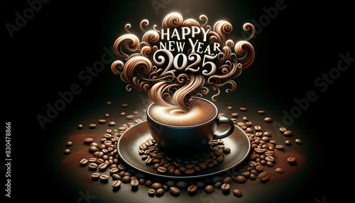 A coffee cup surrounded by coffee beans, with 'Happy New Year 2025' creatively integrated into the steam rising from the cup - Generative AI