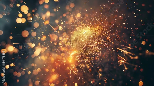 A dazzling display of golden fireworks exploding in the dark sky, creating a festive and celebratory atmosphere. photo