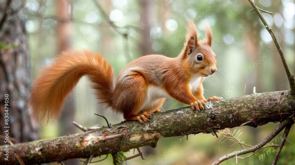Fototapeta premium Red squirrel perched on a tree limb in the forest