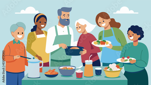 As part of a weekly potluck tradition residents bring their own signature dishes to the shared community kitchen creating a smorgasbord of delectable treats.. Vector illustration