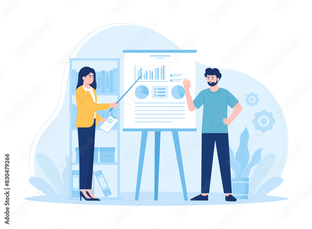 Woman presenting statistics to businessman. charts companies business analysis and marketing concept flat illustration Woman presenting statistics to businessman. charts companies business analysis and marketing concept flat illustration