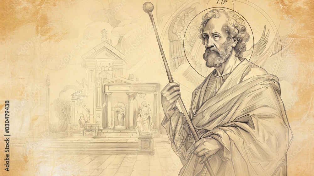 Fototapeta premium Biblical Illustration of St. Jude Thaddeus Holding Club in 1st-Century Church, Beige Background, Copyspace
