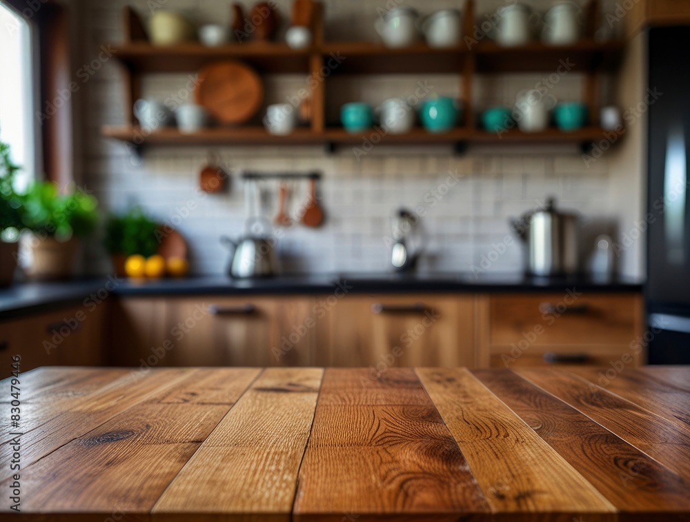 Beautiful natural wooden table with kitchen bokeh background - Generative ai