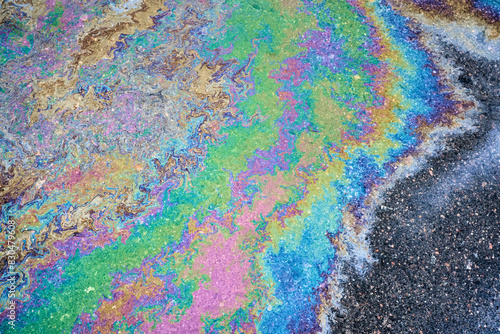 Oil stain, Gas Stain drop from the Car on the Parking Lot Floor. © AleksFil