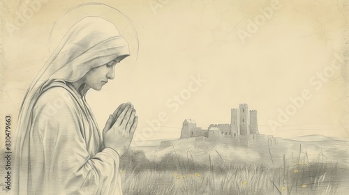 Biblical Illustration of St. Ita of Killeedy in Prayer in 6th-Century Irish Monastery, Beige Background, Copyspace photo