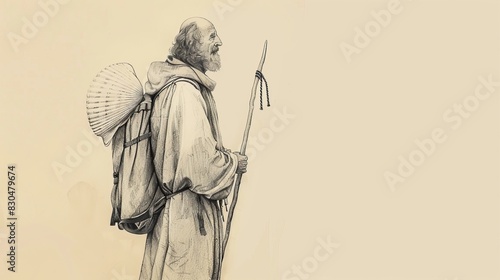 Biblical Illustration of St. James the Greater with Pilgrim's Staff and Shell on Road to Santiago de Compostela, Beige Background, Copyspace