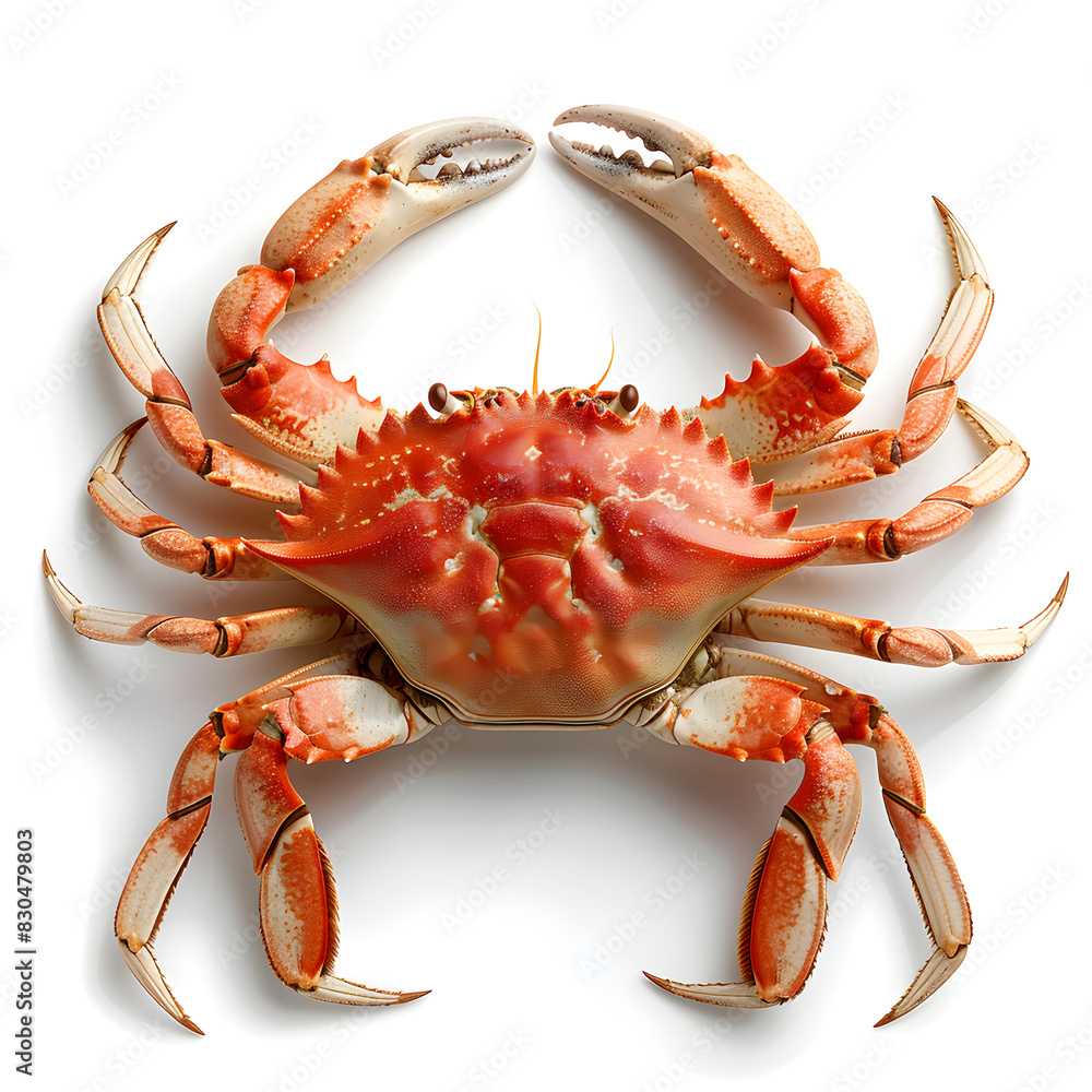 Closeup of a Decapoda arthropod, a peachcolored crab, on a white background
