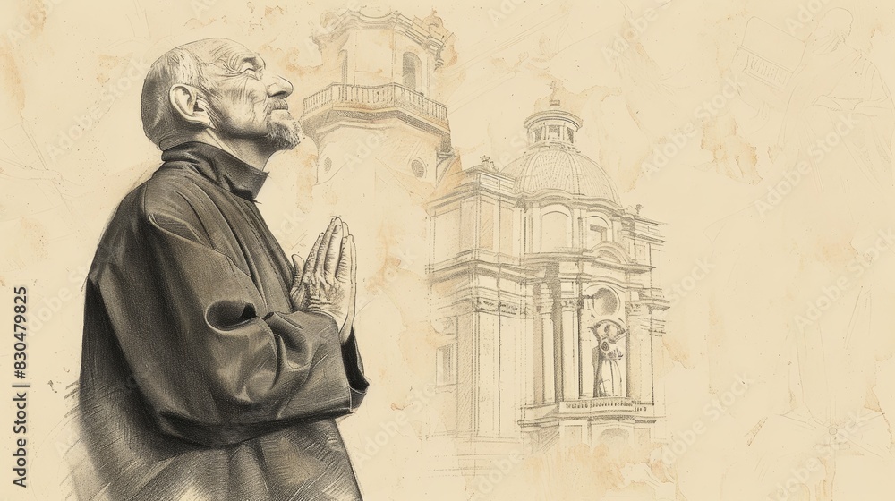 Fototapeta premium Biblical Illustration of St. Ignatius of Loyola in Prayer with Vision of Christ, Symbolizing Jesuit Order, Beige Background, Copyspace