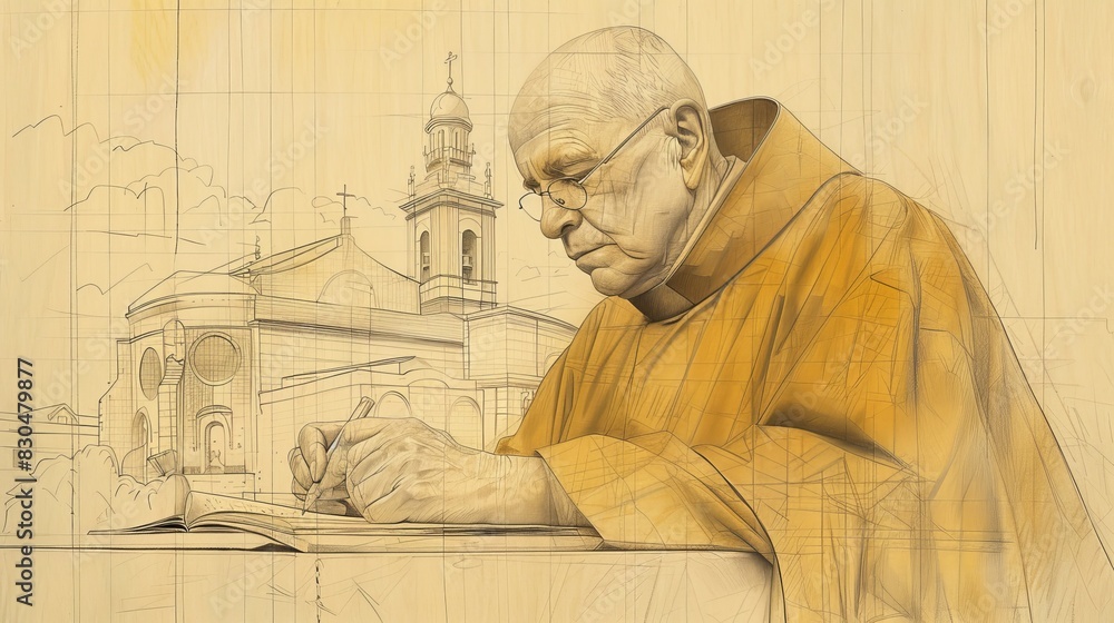 Fototapeta premium Biblical Illustration of St. Josemaría Escrivá Writing in 20th-Century Spanish Church, Beige Background, Copyspace