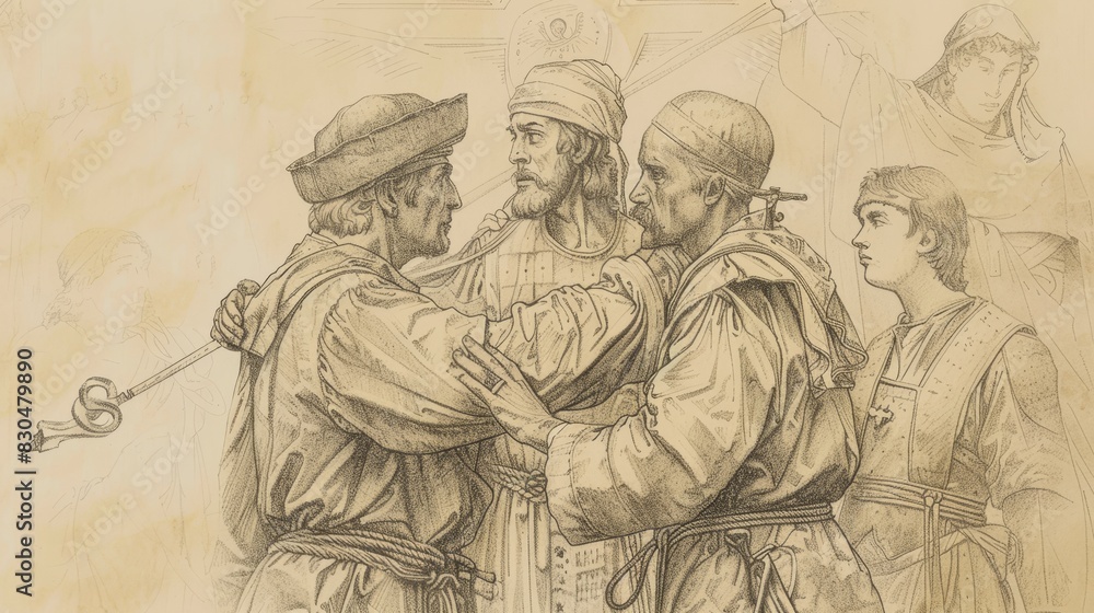 Fototapeta premium Biblical Illustration of St. Florian of Lorch in Martyrdom in 3rd-Century Austria, Beige Background, Copyspace