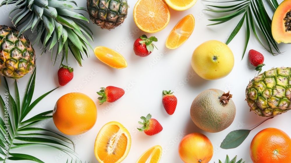 Summer themed flat lay of tropical fruits against a white backdrop Summer themed flat lay of tropical fruits against a white backdrop