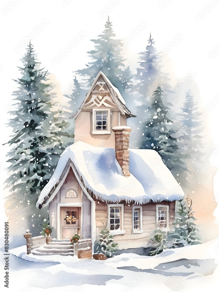 Christmas Winter Cottage House Nature Watercolor Art