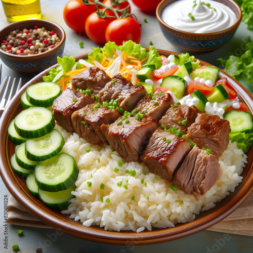 Boiled rice and minced meat in the belly is served with salad and yogurt and tomatoes.