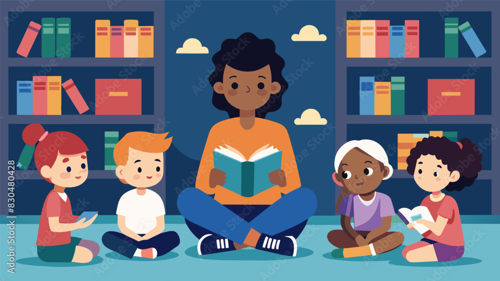 In the midst of a bustling school library a calm and serene story time takes place in a quiet corner capturing the attention of curious young minds.. Vector illustration In the midst of a bustling school library a calm and serene story time takes place in a quiet corner capturing the attention of curious young minds.. Vector illustration