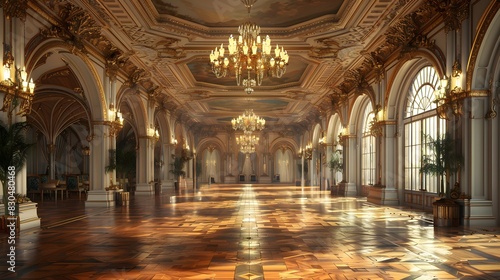 A large, ornate room with a chandelier hanging from the ceiling